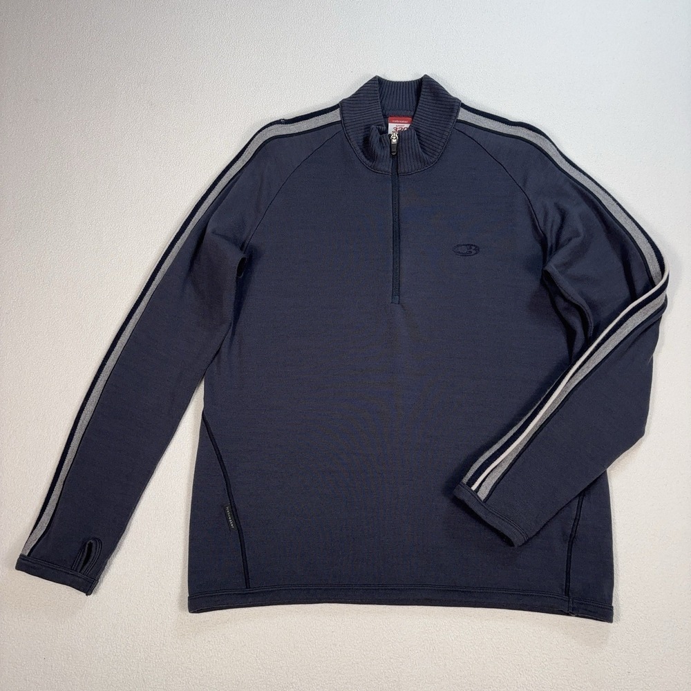 Icebreaker Sport 320 Merino 1/4 Zip Men's S Navy Gray 100% Wool Thumbhole *HOLES